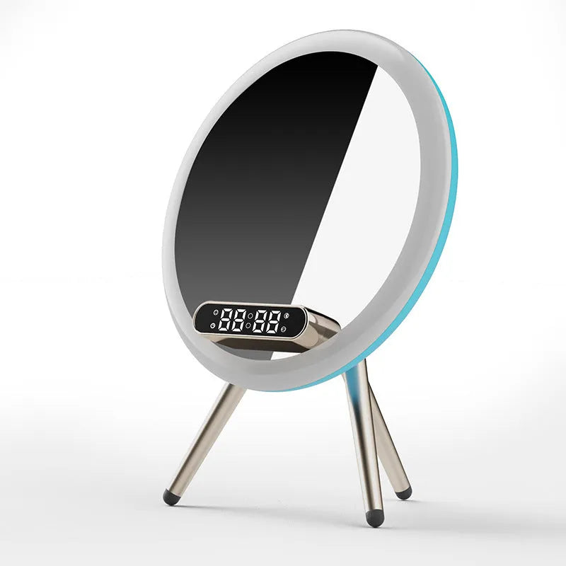 Multi-function LED mirror alarm clock with wireless charger and Bluetooth speaker in white or blue, 210 x 60 x 160mm