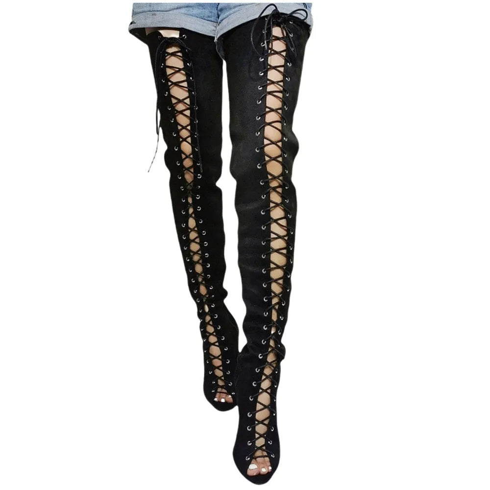 Women's black suede lace-up stiletto heel peep-toe boots with round toe and rubber sole