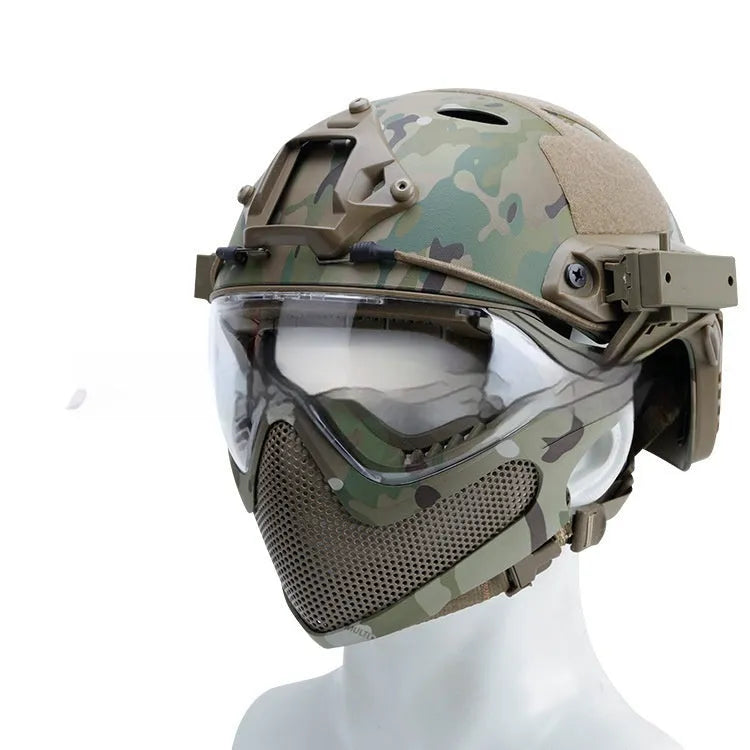 ABS integrated helmet with loading and unloading mask, shown in black, green, sand, CP, black CP and grey, sizes M and L