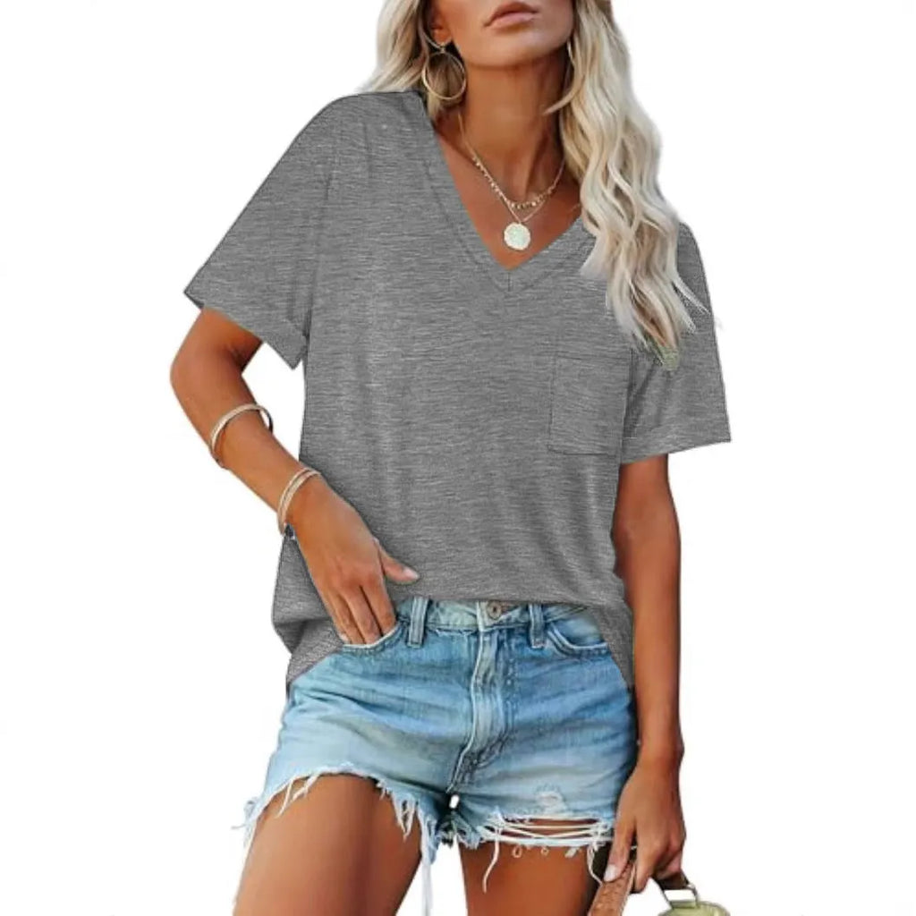 Grey loose fit V-neck T-shirt with front chest pocket, short sleeves, Japanese Korean casual style