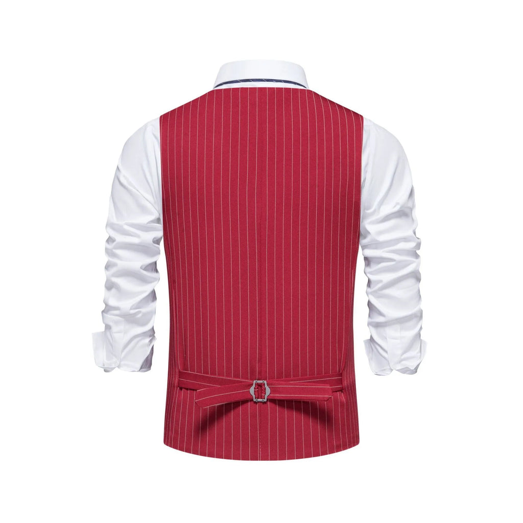 Men's striped suit vest in polyester with Miter bottom hem, shown in black, khaki, and red colour options.