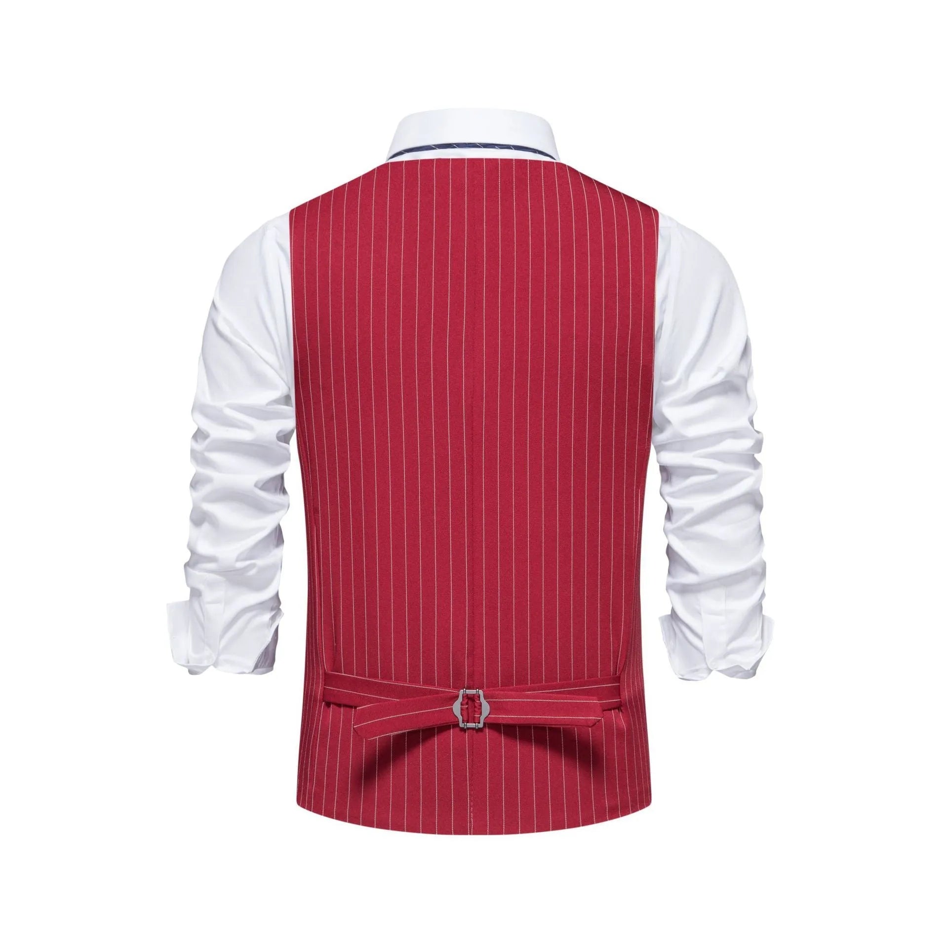 Men's striped suit vest in polyester with Miter bottom hem, shown in black, khaki, and red colour options.