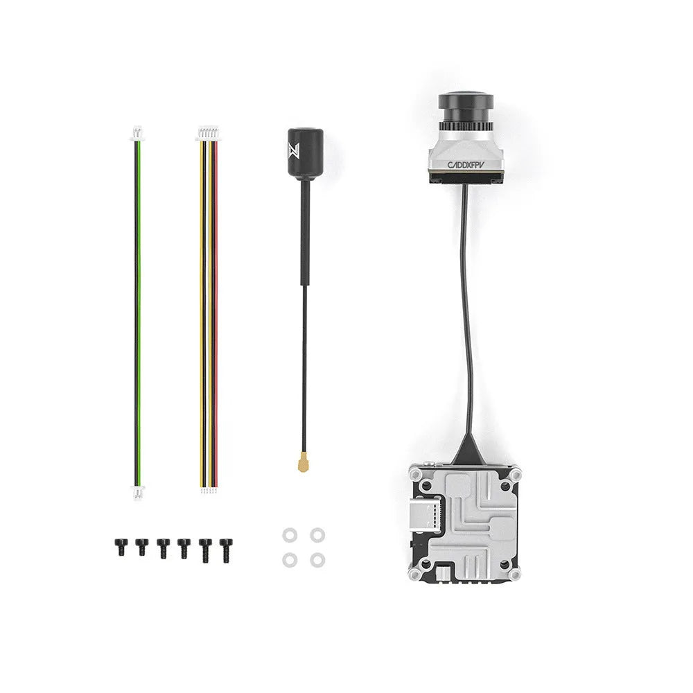 Caddx ADAPTS DJI FPV digital transmission Polar Vista kit in silver with screws, spacers, and cables.