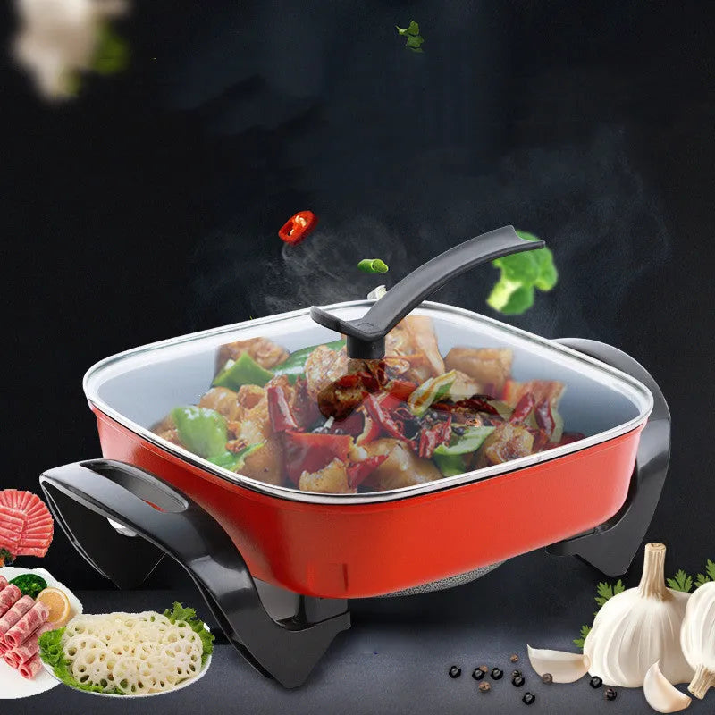 Multifunctional electric hot pot, square, 1300W, 6L+, aluminium alloy liner, black red, 30cm