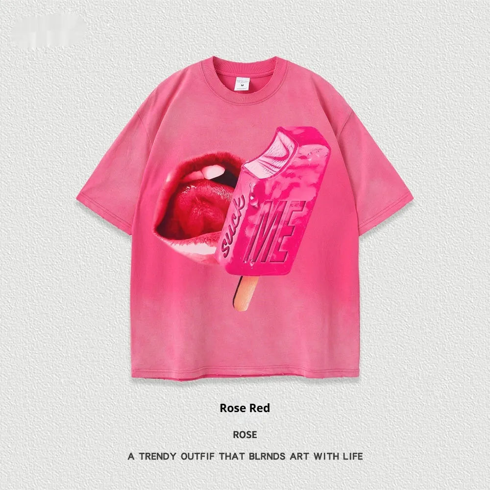 Loose fit heavy washed cotton T-shirt with cartoon print on a person, showing short sleeves.