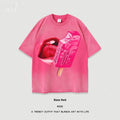 Loose fit heavy washed cotton T-shirt with cartoon print on a person, showing short sleeves.