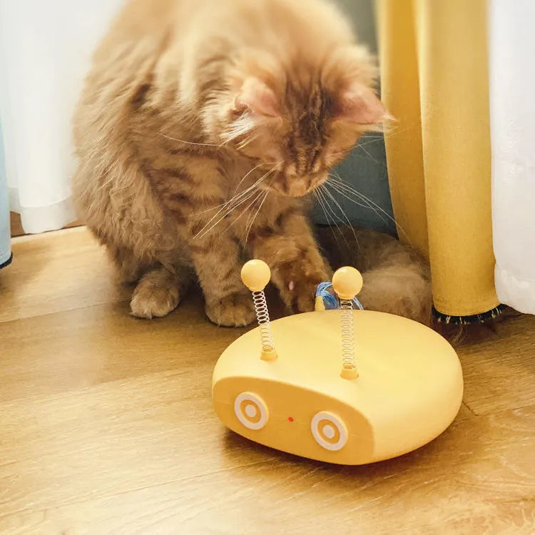 Electric cat interactive toy with automatic steering and random movement in blue, with pointer cat toy, wagging tail, and spring balls