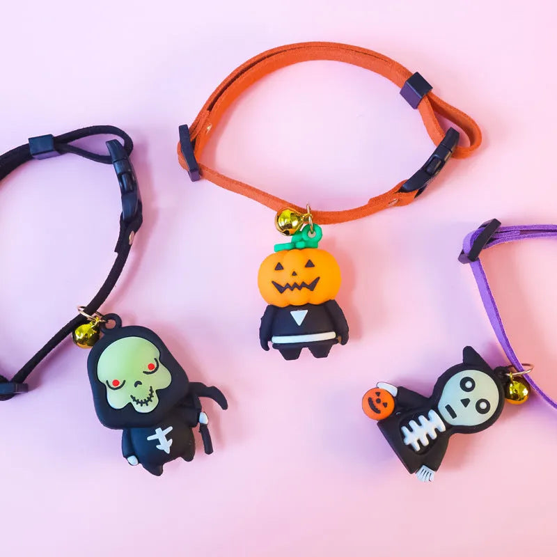 Halloween pet collar decoration with pumpkin man pattern showing adjustable sizing for dog collars