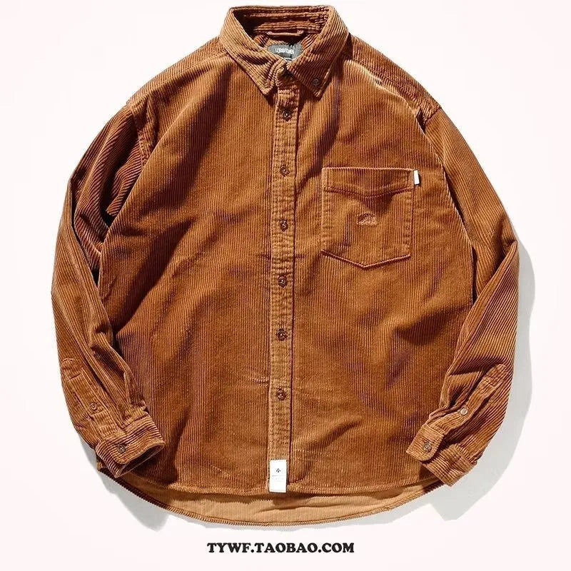 Men's caramel corduroy Japanese style loose cardigan shirt on hanger