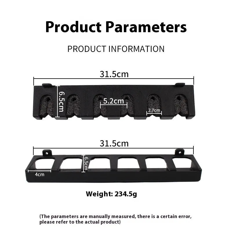 Black ABS plastic wall-mounted fishing rod holder in horizontal and upright mounting styles