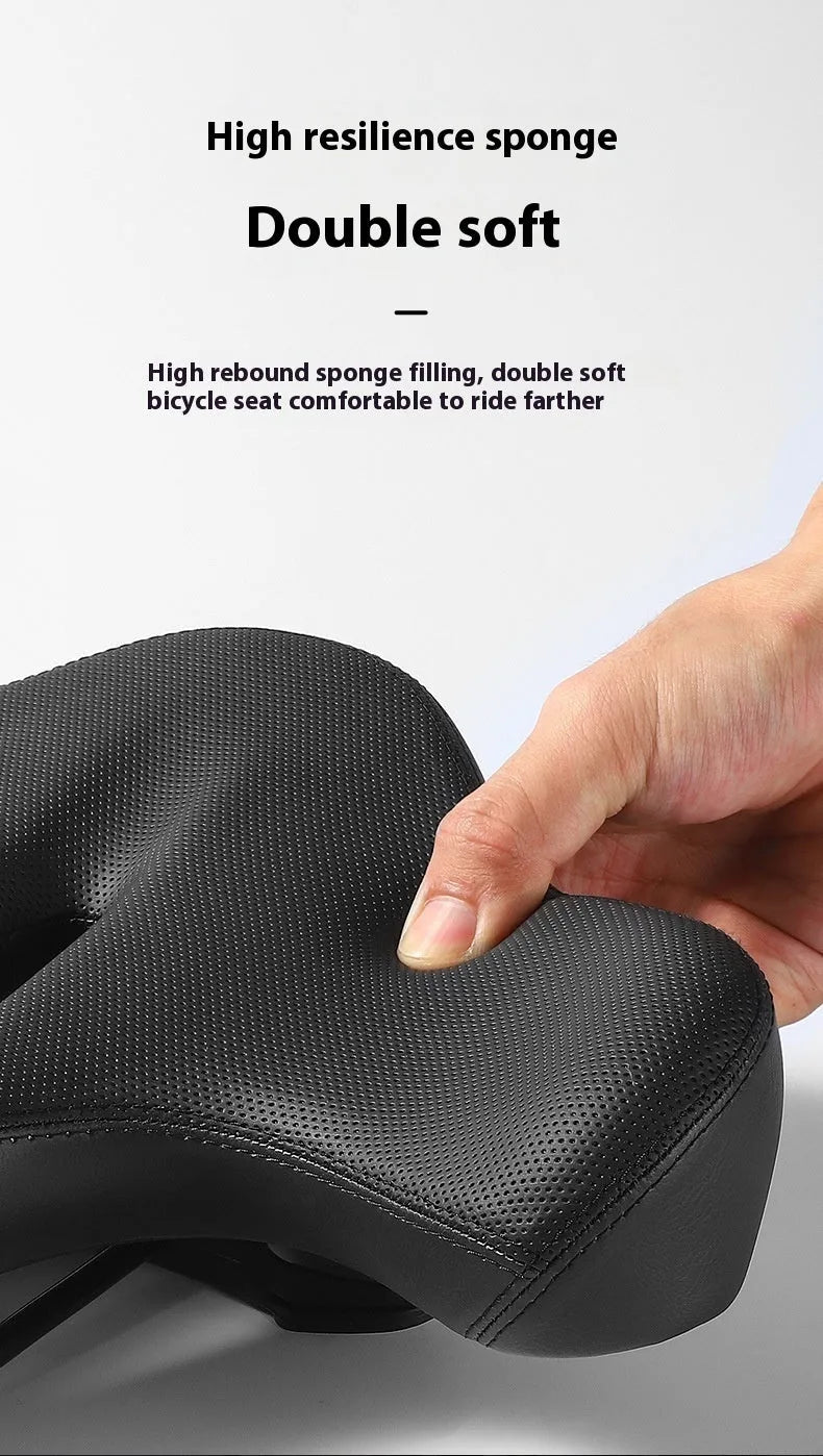 Black leather bicycle saddle cushion with polyurethane foam padding shown on a bicycle seat