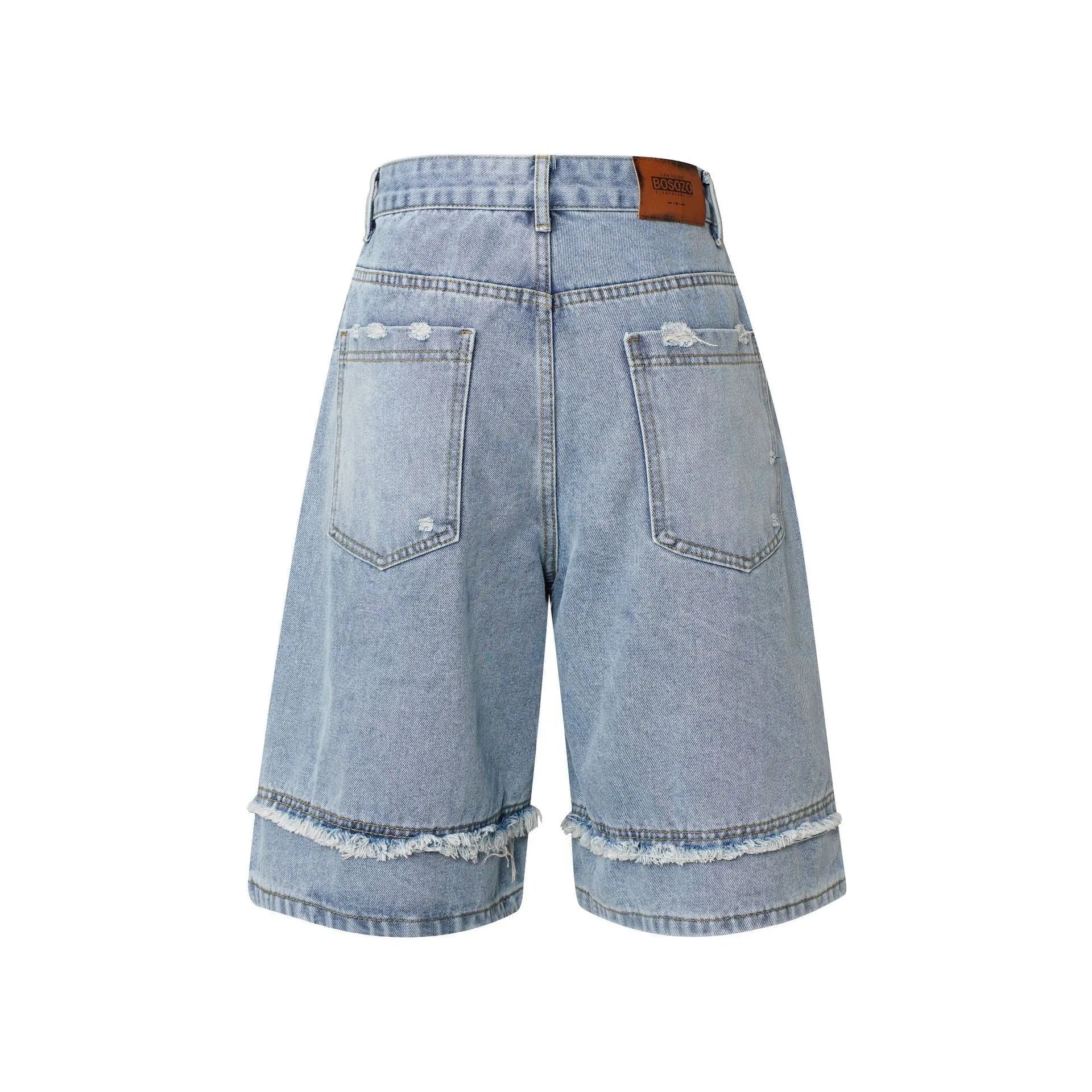 American Pu Shuai distressed raw edge denim shorts for men in a straight-leg cropped style.