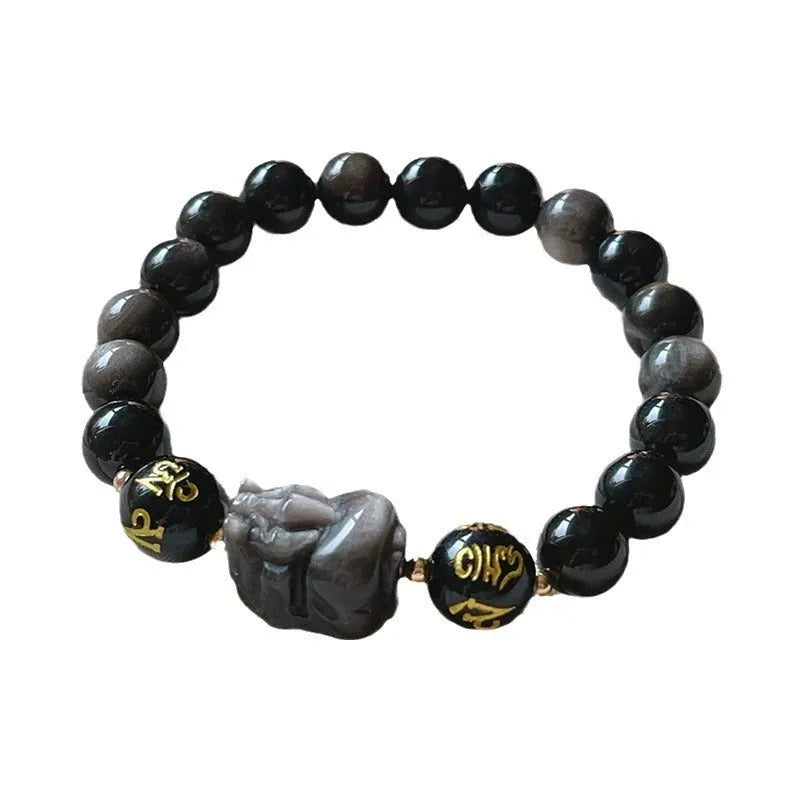 Men's natural silver stone bracelet with Chinese zodiac signs and adjustable design