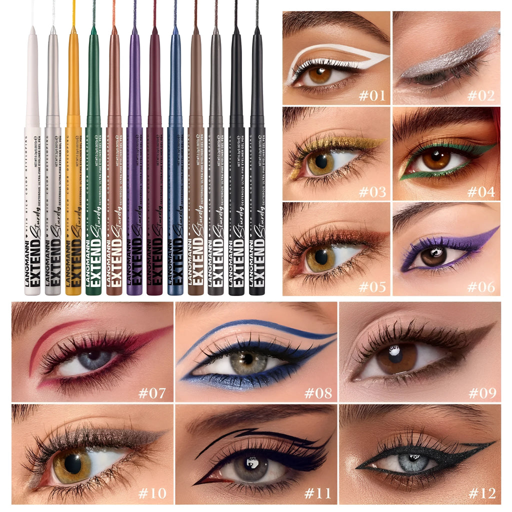 12 colourful gel glitter eyeliner pencils in vibrant shades with waterproof formula