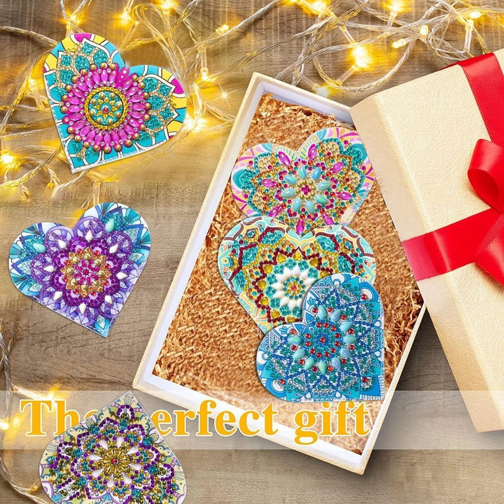 Set of six handmade PU leather bookmarks with crystal and flower cornerite decorations.