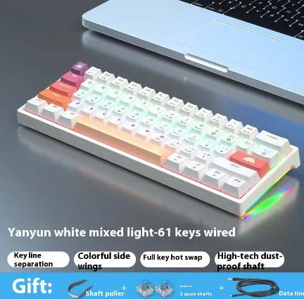 Bluish black 61-key compact mechanical keyboard with hot-swappable sockets and coloured keycaps.