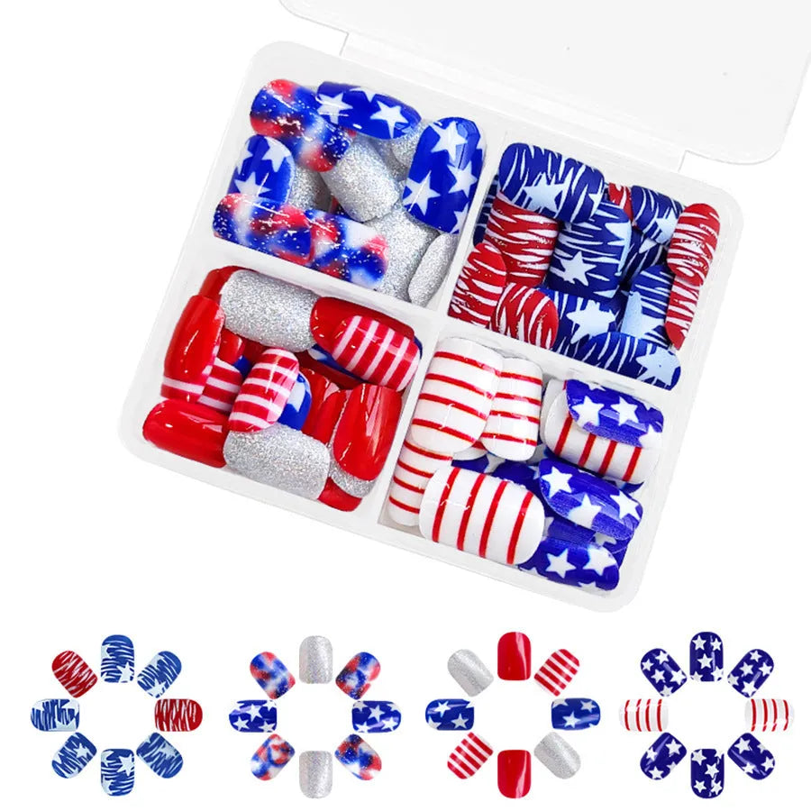 Red and blue multicolour glitter nail art tip stickers in a 4-pack for Independence Day designs.