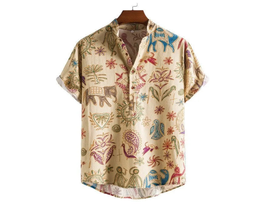 Man wearing a loose grey casual shirt with a colourful 3D digital printed pattern, cardigan style.