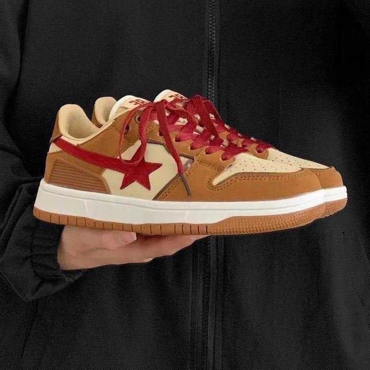 Brown women's low-top platform sneakers with sequin details, round toe, and front lace-up fastening.