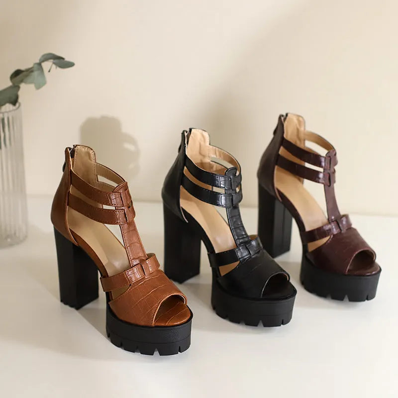 Round-toe platform high heel sandals with back zipper in black, wine red, or yellow