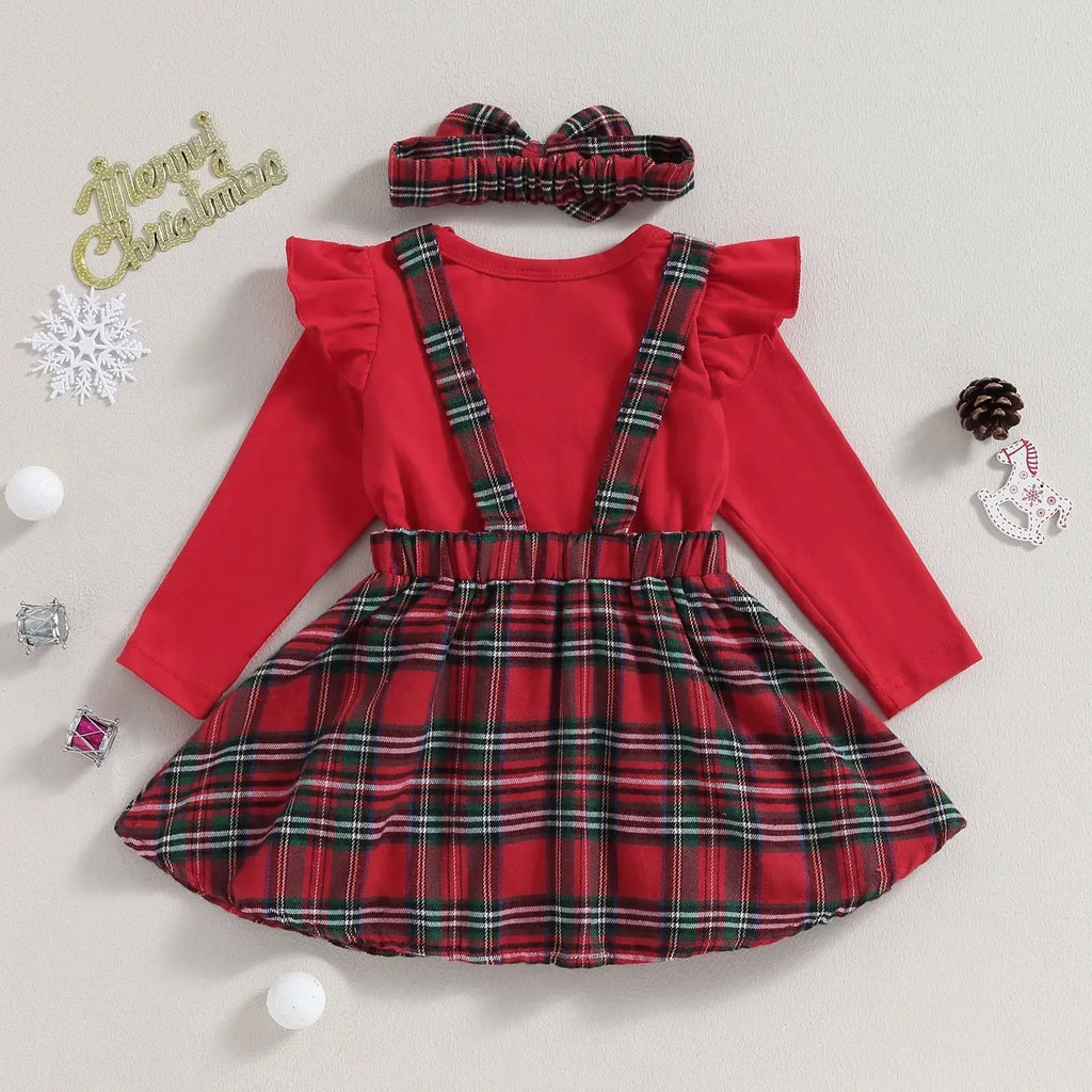 Red Christmas baby girl set with jumpsuit, skirt and headband in sizes 0-3 to 12-18 months