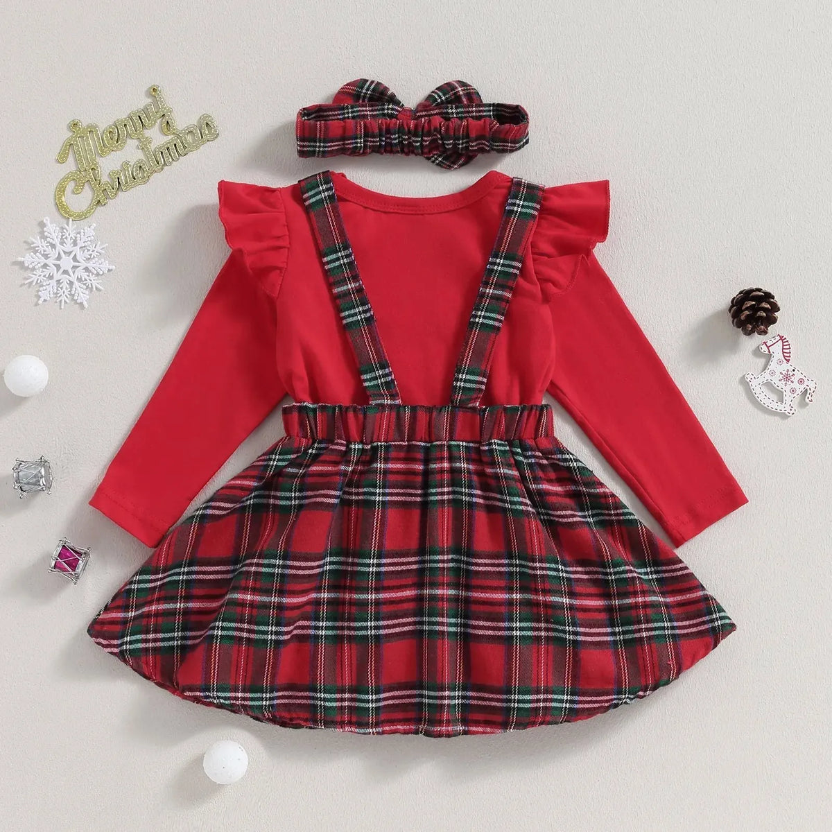 Red Christmas baby girl set with jumpsuit, skirt and headband in sizes 0-3 to 12-18 months