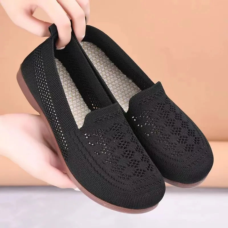 Women's beige anti-skid tennis shoes with mesh uppers and PVC soles for wide feet