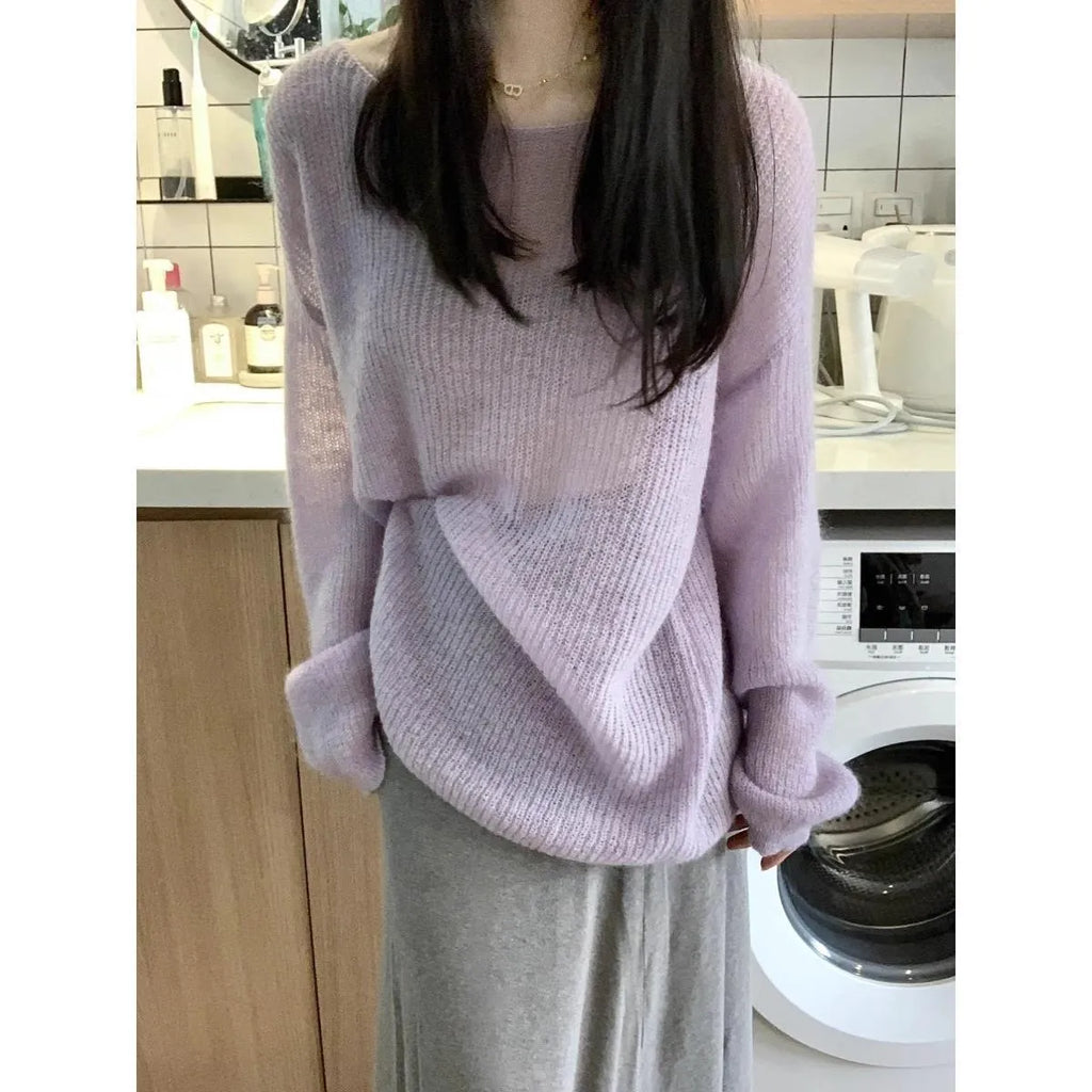Purple women's round neck blouse with princess sleeves and hollow out details made from ice silk fabric