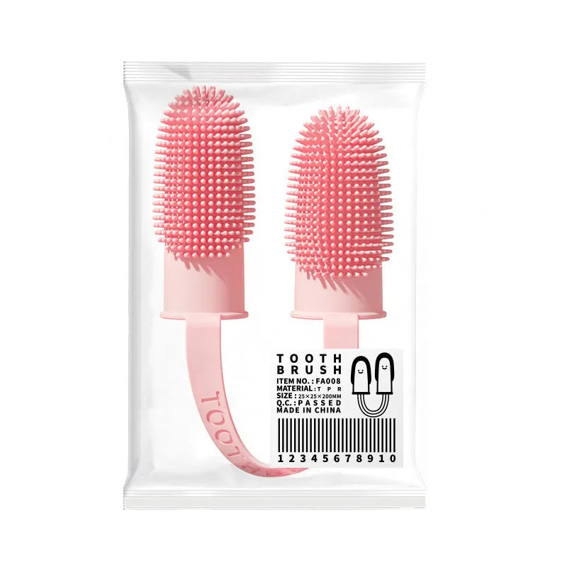 Pet dental finger toothbrush set in pink, blue green, and grass yellow colours, showing double finger TPR design.