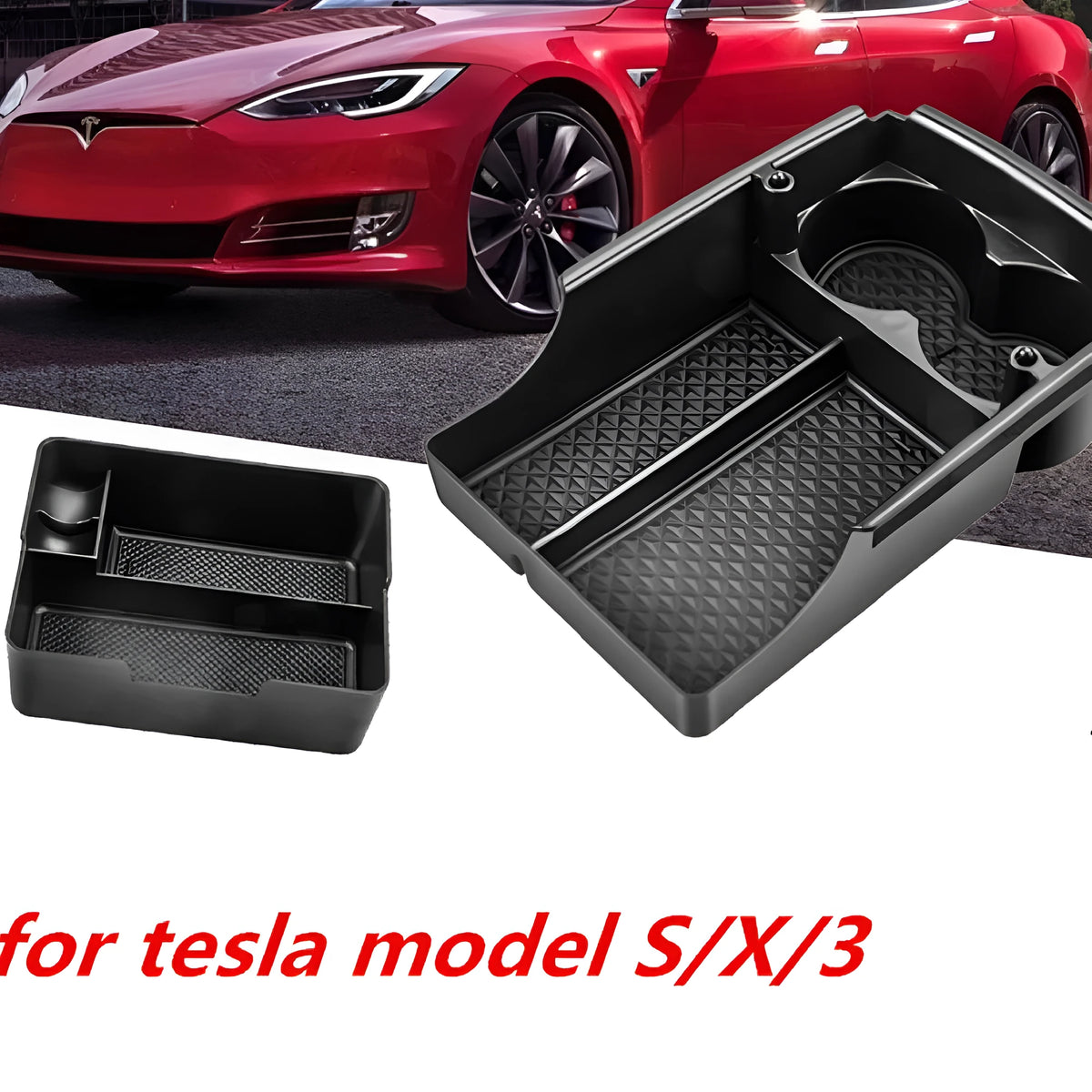 Plastic storage box retrofit for Tesla Model 3, Model S, and Model X centre armrest compartments