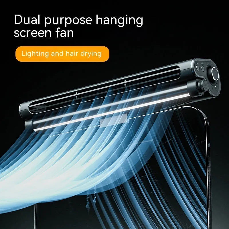 Black bladeless USB desk fan with clip-on screen attachment and adjustable LED lighting lamp