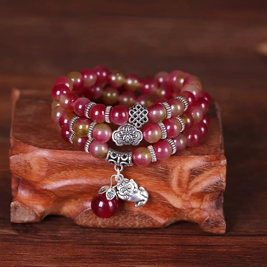 Watermelon crystal bracelet with Chinese knot closure in national style geometry shape