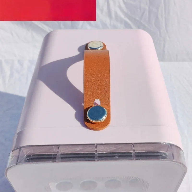 Pink mini refrigerator with transparent door showing 6L capacity for car and home cooling and heating