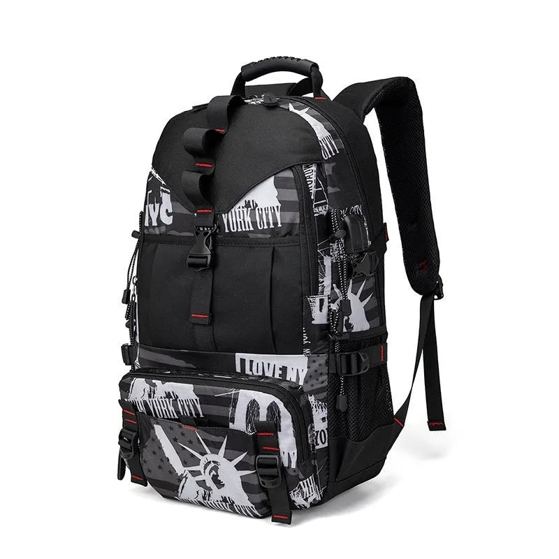 Men's waterproof Oxford cloth hiking backpack in black with multiple compartments and adjustable straps