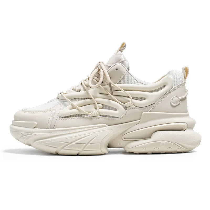 Men's low-top sneaker in beige with mesh and PU leather upper, round toe, platform heel, and lace-up front.