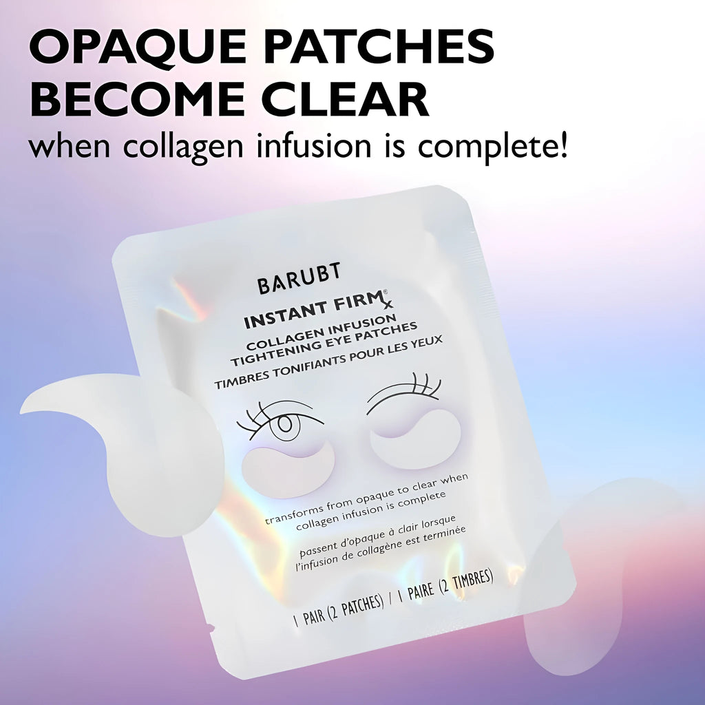 White collagen firming eye mask pad, 9 x 11.6cm, with compact 9.3 x 3.5 x 12.3cm pack