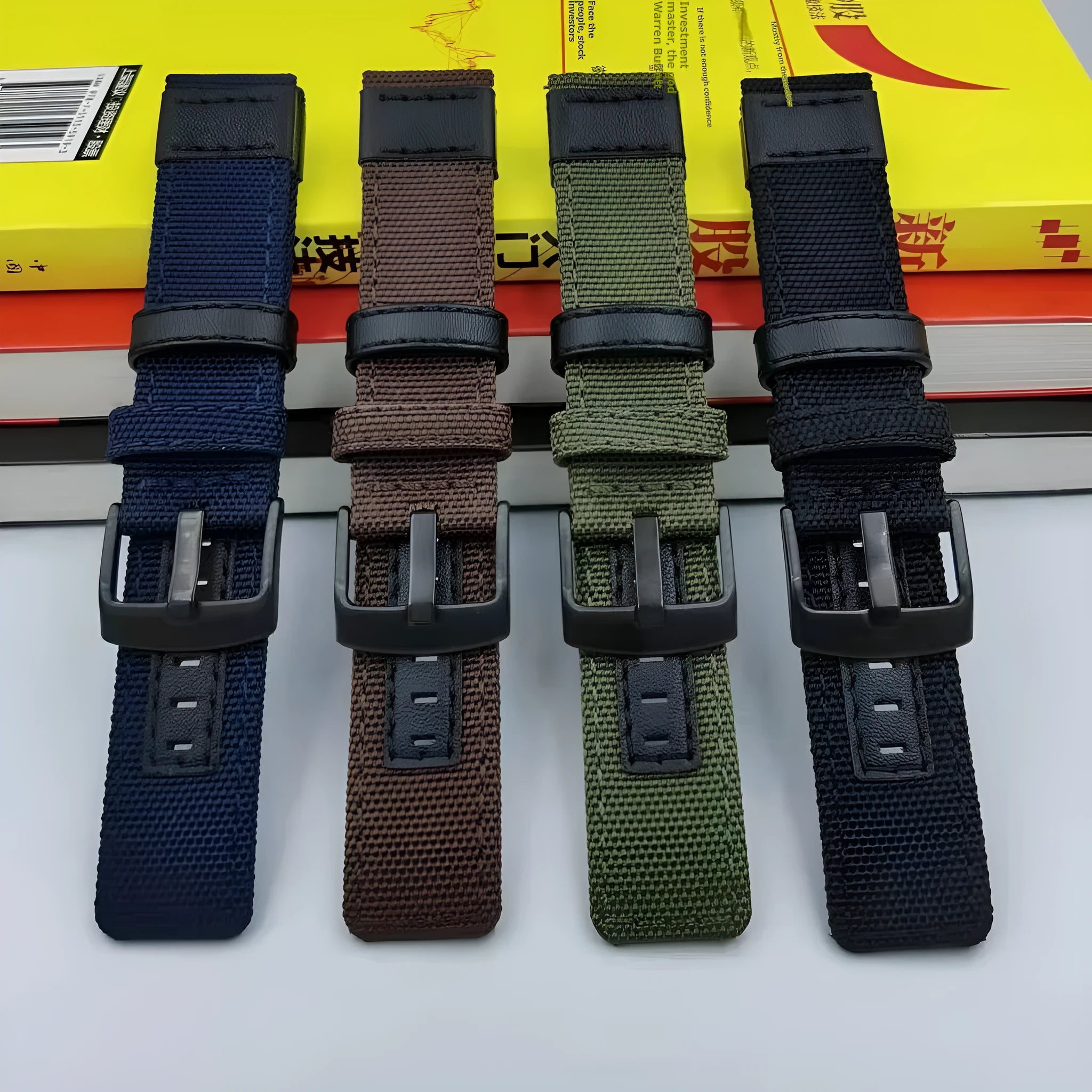 Oxford cloth canvas watch strap shown in multiple colour options including black, army green, and camouflage.