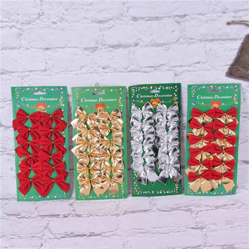 Red, gold, silver, and red gold 5 cm polyester Christmas tree bow ornaments.
