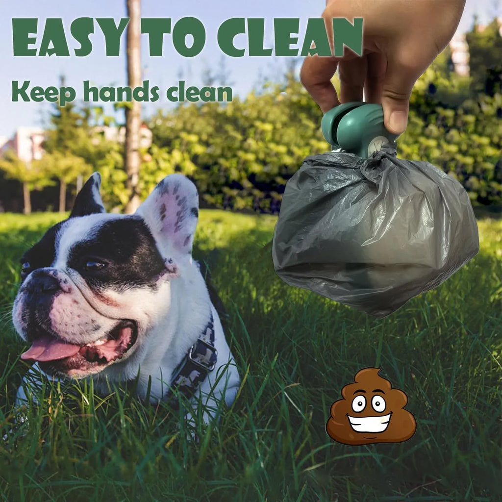 Blue portable pooper scooper with clip and expandable waste container for dog walking.
