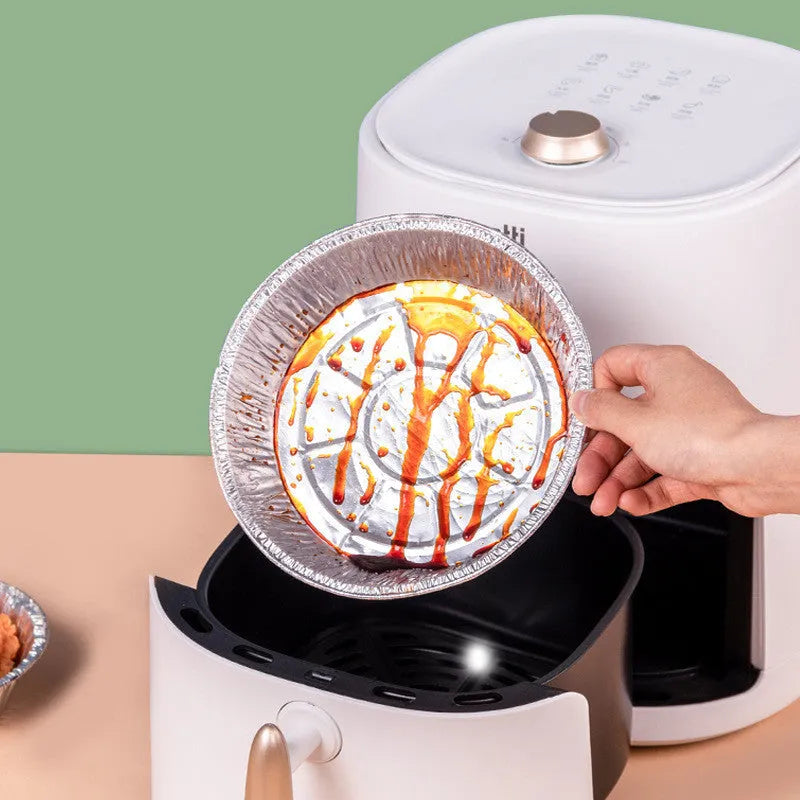 Round aluminium foil air fryer liner with 4 cm deep edge, non-stick and oil-proof, available in 14.5 cm to 23 cm diameters