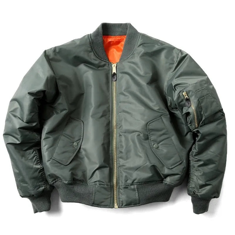 Men's army green cotton-padded pilot jacket with a loose fit and zipper front.