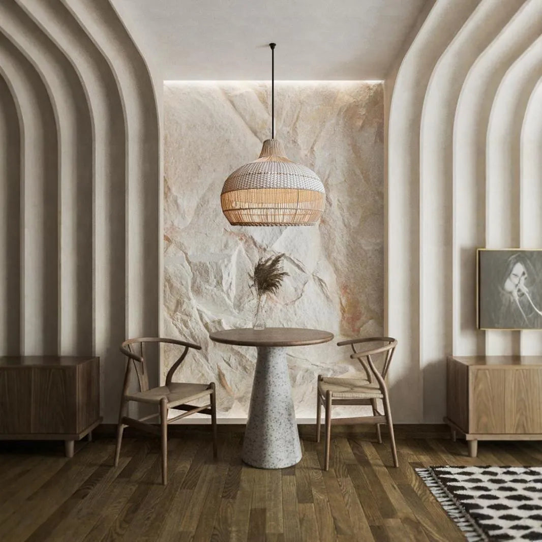 Woven rattan chandelier with a 60cm diameter in a pastoral Southeast Asian Silent Wind style.