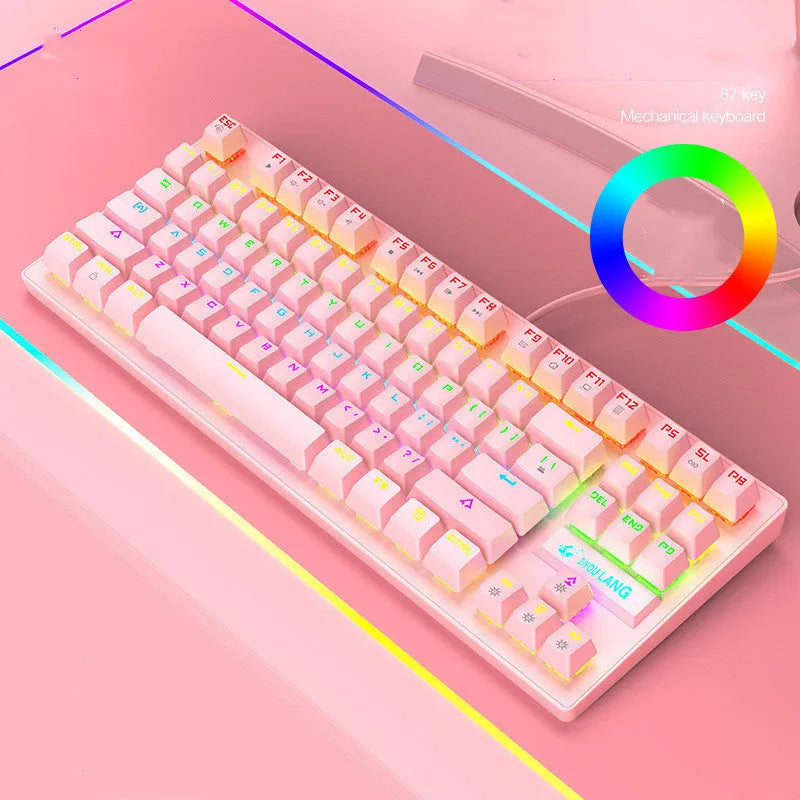 Black, white, blue, and pink coloured mechanical keyboards on a desk