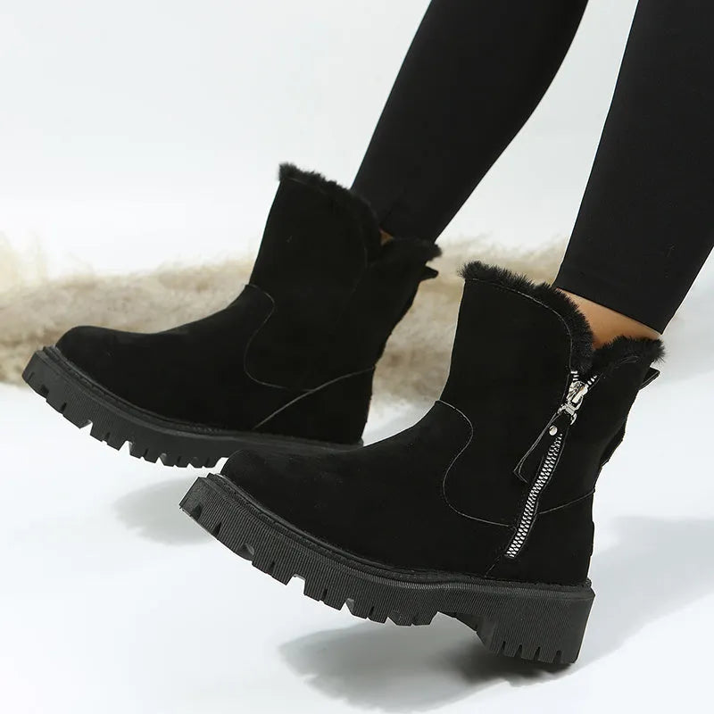 Women's black high-top snow boots with side zipper and faux fur lining shown alongside khaki colour option
