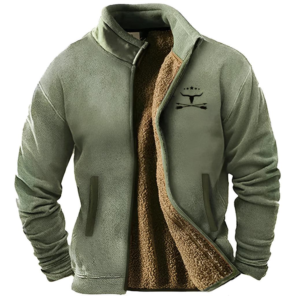 Men's green fleece padded coat with a regular 50cm length on a hanger.