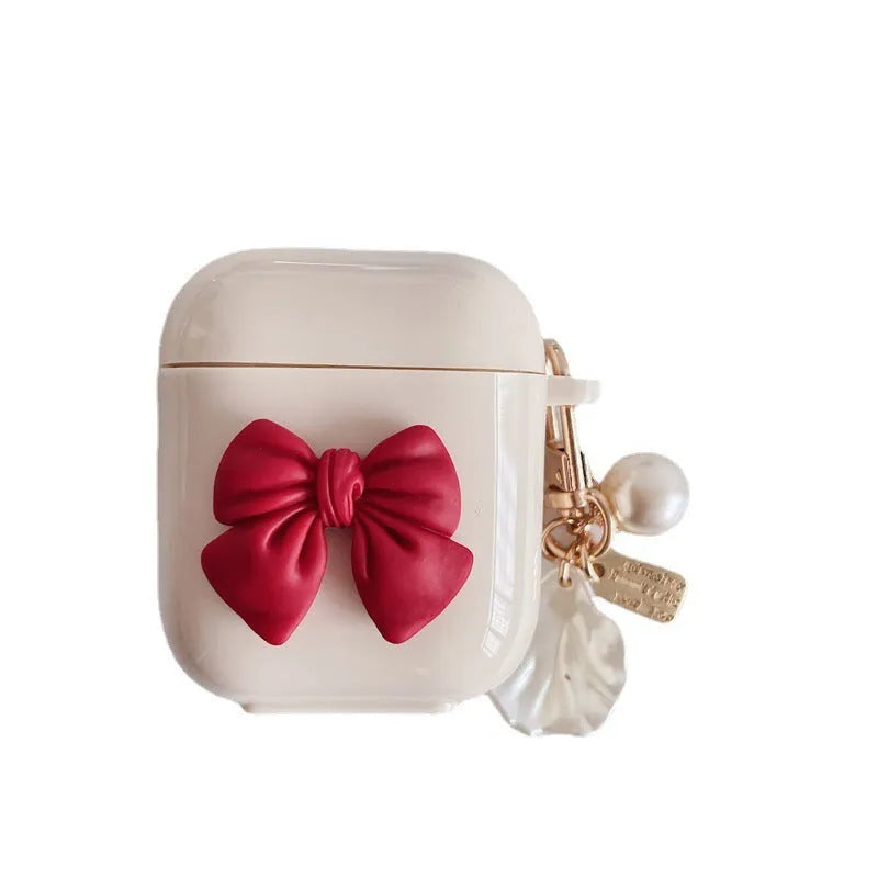 Beige red bow shell silicone protective case for AirPods Pro wireless earphones