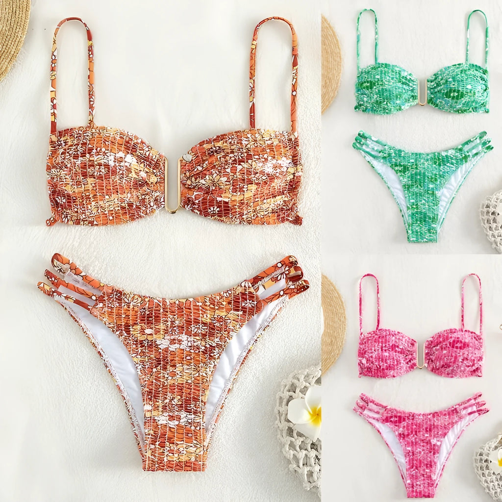 Women's floral bikini swimsuit with high waist style in blue, orange, pink and rose red colours