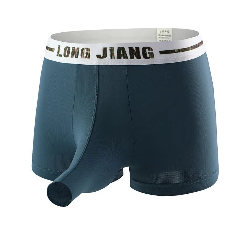 Men's ice silk trunk open boxer shorts in multiple solid colours showing thin fabric and mid waist design