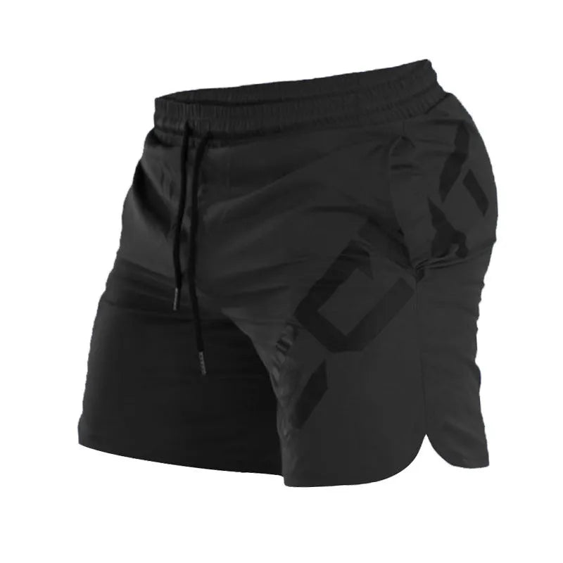 Men's black elastic quick-dry running shorts with mid waist and knee-length leg.
