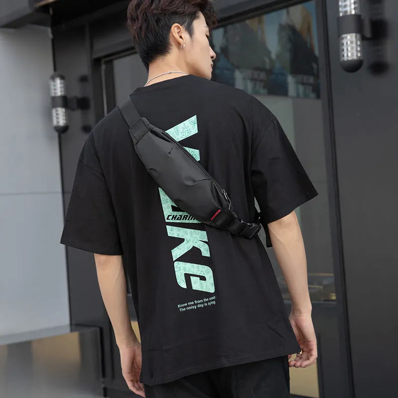 Black Oxford cloth waist pack with crossbody strap showing internal phone and ID card pockets